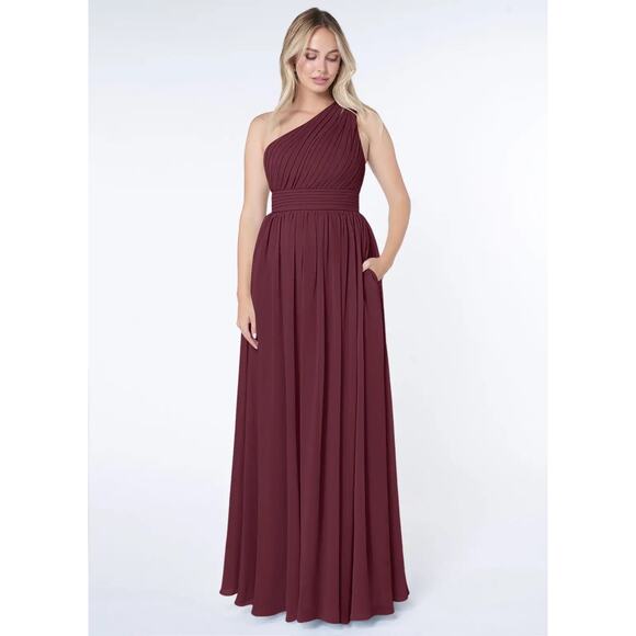 Azazie Molly One Shoulder Pleated in Cabernet Pockets A-Line Chiffon Sz (US10) - Picture 2 of 8